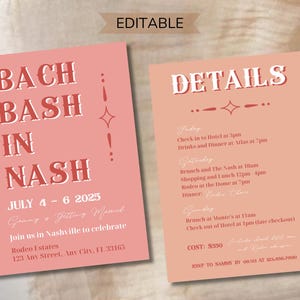 May include: Two pink invitation cards with text. One card reads "BACH BASH IN NASH" with event details for July 4-6, 2025. The other card lists event details including times and locations.