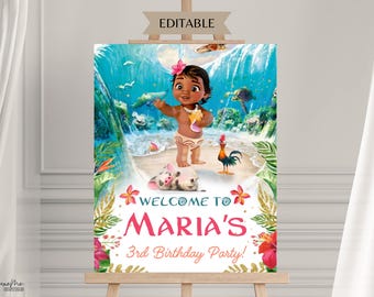 Placa de boas-vindas da Moana para bebê, Placa de aniversário da Moana, Placa de aniversário havaiana editável digital da Moana, Festa temática infantil, Modelo digital da Moana para bebê