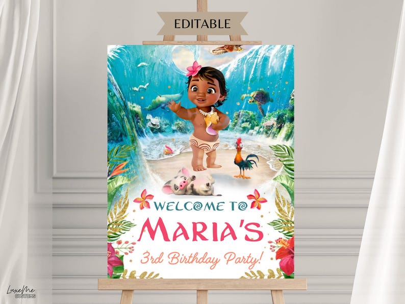 Baby Moana Welcome Sign, Moana Birthday Sign, Digital Editable Hawaiian Moana Birthday Sign, Kids Theme Party, Digital Baby Moana Template