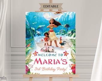 Cartello di benvenuto di Simea Moana, cartello di compleanno di Moana, cartello di compleanno hawaiano di Moana modificabile digitalmente, festa a tema per bambini, modello digitale di Simea Moana