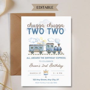 Może przedstawiać: Zaproszenie na urodziny z motywem niebieskiego i białego pociągu z tekstem "chugga chugga TWO TWO" i "Brian's 2nd Birthday". Zaproszenie zawiera datę "March 27" i godzinę "3-6 PM".