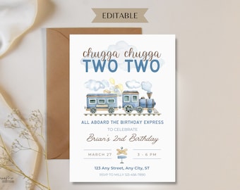 Chugga Chugga Two Two Train Birthday Invitation, Two Year Old Party Invite, Trains Invite 2nd Birthday Boy, Train Invite Editable Template