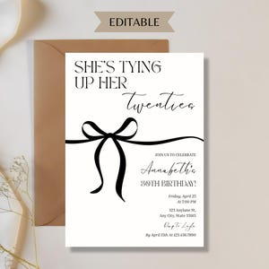 30th Birthday Invitation Shes Tying Up Her Twenties theme with a Black Bow Classy Minimalist Invite Coquette style Birthday Editable Canva Template
