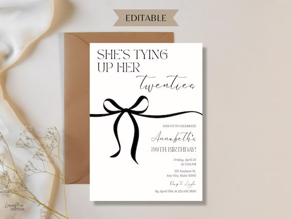 30th Birthday Invitation, Shes Tying Up Her Twenties, Black Bow Classy Minimalist Invite, Coquette Birthday, Editable Canva Template