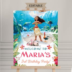 Cartello di benvenuto di Moana, cartello di compleanno di Moana, cartello di compleanno hawaiano di Moana modificabile digitalmente, festa a tema per bambini, modello digitale per la spiaggia di Moana