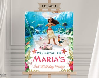 Moana Welcome Sign, Moana Birthday Sign, Digital Editable Hawaiian Moana Birthday Sign, Kids Theme Party, Digital Moana Beach Template, m2w