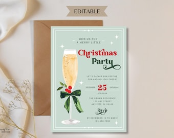 Inbjudan till julfest, preppy festinbjudan till högtidscocktail, inbjudan till champagne-prosecco-fest, digitalt utskrivbart, redigerbart