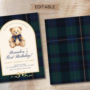 May include: A two-sided invitation card with a navy, green, and blue plaid pattern. The front features a watercolor teddy bear with a blue bow, and the text "Brandon's First Birthday!" The back side has the same plaid pattern.