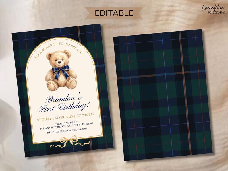May include: A two-sided invitation card with a navy, green, and blue plaid pattern. The front features a watercolor teddy bear with a blue bow, and the text "Brandon's First Birthday!" The back side has the same plaid pattern.