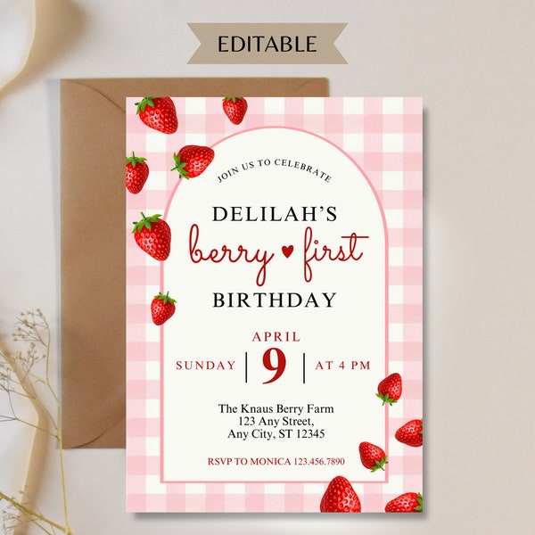 Berry First Birthday Invitation, Digital Editable Strawberry Gingham Birthday Invite, Kids Theme Party Invitation, Digital Berries Template