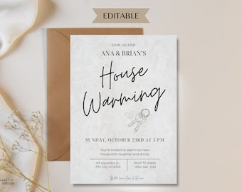 May include: A white and gray textured card with black text that reads "Join us for Ana & Brian's House Warming". The card has a black and white illustration of keys with a heart above them. The text below the illustration reads "Sunday, October 23rd at 5 PM You're invited to warm our new house with laughter and drinks 123 anywhere st. Any City, st 12345 RSVP to Anna (954) 345-1233 With Love, Ana & Brian"