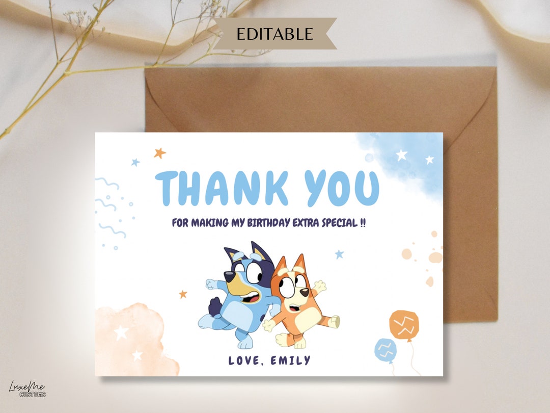 Bluey Bingo Dog Birthday Thank You Card, Digital Editable Bluey Thank