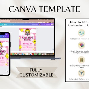 Pu&ograve; includere: Un modello di invito digitale rosa e bianco per una festa di compleanno. Il modello presenta un personaggio di principessa dei cartoni animati con una corona e una stella. Il testo sul modello recita "Princess Diana Level 5!" e "13". Il modello &egrave; personalizzabile in Canva.