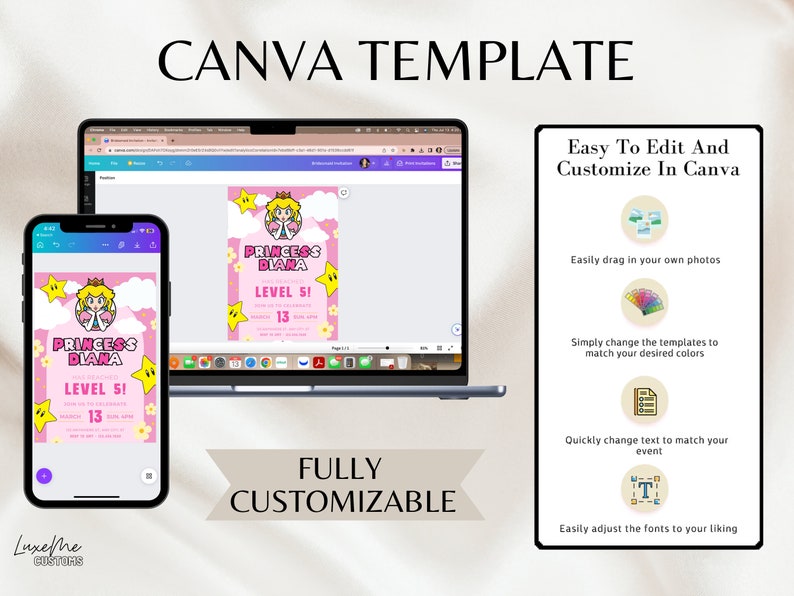 Pu&ograve; includere: Un modello di invito digitale rosa e bianco per una festa di compleanno. Il modello presenta un personaggio di principessa dei cartoni animati con una corona e una stella. Il testo sul modello recita "Princess Diana Level 5!" e "13". Il modello &egrave; personalizzabile in Canva.