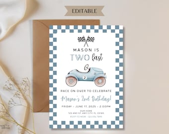 Two Fast Birthday Invitation, Green Race Car Second Birthday Invite, 2nd Birthday, Vintage Race Car Racecar Party, Racing,  Digital Template