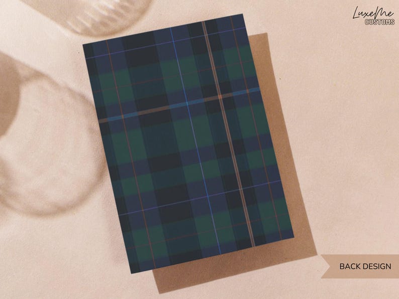 May include: A greeting card with a green, blue, and black plaid pattern. The card is on top of a brown envelope. The words "BACK DESIGN" are visible on the bottom right corner. The LuxeMe Customs logo is in the top right corner.