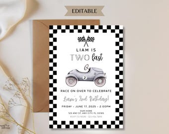 Two Fast Birthday Invitation, Race Car Second Birthday Invite, 2nd Birthday, Vintage Race Car, Grey Racecar Party, Racing, Digital Template