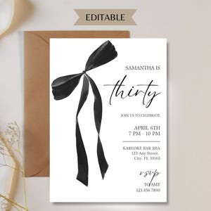 Black Bow Coquette Birthday Invitation Thirty Any Age Minimalist Black Ribbon Birthday Digital Template 20th, Editable Invitation for Her