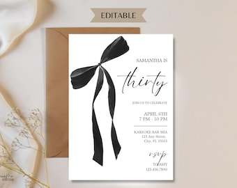 Black Bow Coquette Birthday Invitation Thirty Any Age Minimalist Black Ribbon Birthday Digital Template, Editable Invitation for Her