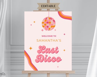 Cartello di benvenuto modificabile Last Disco Groovy Bachelorette, rosa e arancione funky, cartello per la memoria di una parte, cartello moderno e alla moda per la festa di addio al nubilato