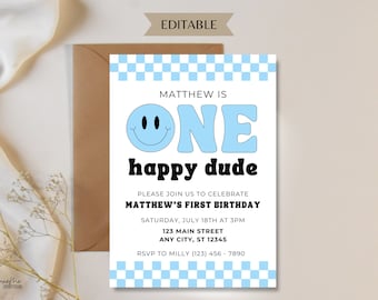 Blue One Happy Dude Birthday Invitation Template, Editable First Birthday Invite, Happy Face Birthday Invite Printable Evite Template
