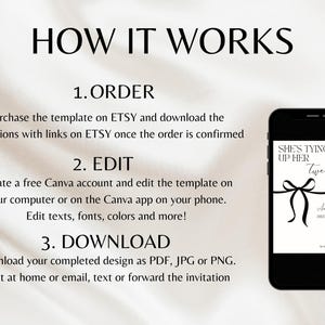 Puede incluir: Una invitaci&oacute;n digital que muestra el texto "She's Tying Up Her Twenties" en la pantalla de un tel&eacute;fono inteligente. La imagen tambi&eacute;n incluye instrucciones sobre c&oacute;mo pedir, editar y descargar el dise&ntilde;o. El dise&ntilde;o es para una fiesta de cumplea&ntilde;os.