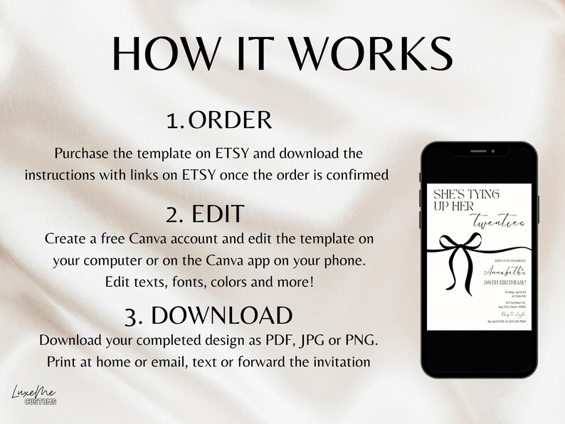 Puede incluir: Una invitaci&oacute;n digital que muestra el texto "She's Tying Up Her Twenties" en la pantalla de un tel&eacute;fono inteligente. La imagen tambi&eacute;n incluye instrucciones sobre c&oacute;mo pedir, editar y descargar el dise&ntilde;o. El dise&ntilde;o es para una fiesta de cumplea&ntilde;os.