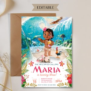 Baby Moana Geburtstagseinladung, digital bearbeitbare Hawaiian Moana Geburtstagseinladung, Kinder Thema Party Einladung, digitale Baby Moana Vorlage