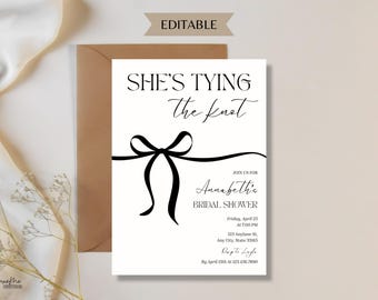 Faire-part de douche nuptiale, elle fait le noeud, invitation minimaliste chic avec noeud noir, douche nuptiale coquette, modèle de toile modifiable