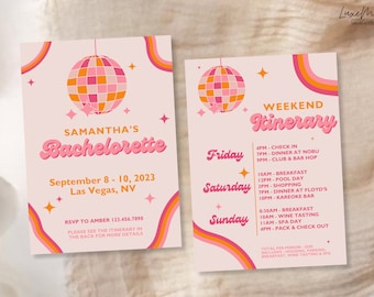 EDITABLE Groovy Funky Disco Bachelorette Party Invitation | Electronic Retro themed Bach Party Template  | Digital Invite & Itinerary Bundle