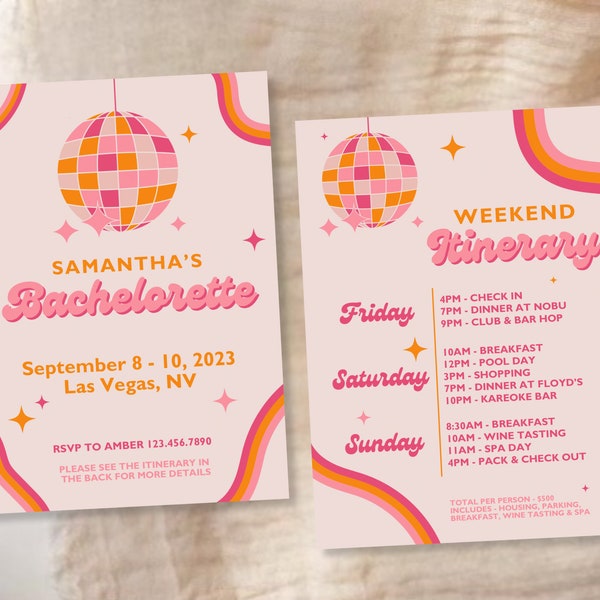 EDITABLE Groovy Funky Disco Bachelorette Party Invitation | Electronic Retro themed Bach Party Template  | Digital Invite & Itinerary Bundle