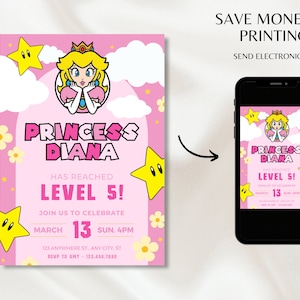 Pu&ograve; includere: Un invito stampabile rosa e giallo per una festa di compleanno di 5 anni. L'invito presenta un'immagine di cartone animato della principessa Peach della serie di videogiochi Super Mario. Il testo sull'invito recita: "La principessa Diana ha raggiunto il livello 5! Unisciti a noi per festeggiare il 13 marzo, dom. 16:00. 123 Anywhere St, Any City, St. RSVP ad Amy 123.456.7890."