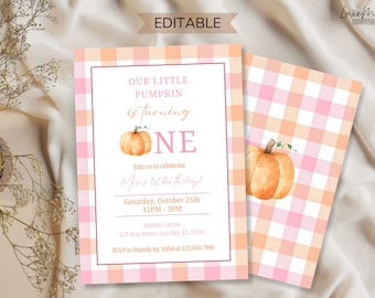 Modello di invito per il primo compleanno di Little Pumpkin: invito autunnale modificabile (download digitale)