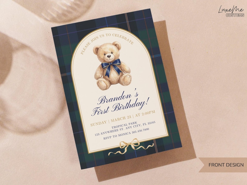 May include: A birthday invitation featuring a watercolor teddy bear with a blue bow. The invitation has a plaid border in navy and green. Text includes "Brandon's First Birthday!" and event details. The design is labeled "FRONT DESIGN".