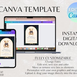 May include: A digital Canva template for a first birthday invitation, displayed on a laptop and smartphone. The design features a teddy bear illustration on a plaid background. Text includes "Canva Template", "Edit on Canva", and "Instant Digital Download".