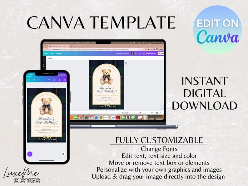 May include: A digital Canva template for a first birthday invitation, displayed on a laptop and smartphone. The design features a teddy bear illustration on a plaid background. Text includes "Canva Template", "Edit on Canva", and "Instant Digital Download".
