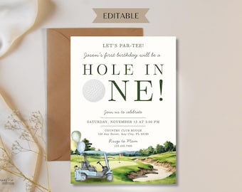 Hole In One First Birthday Invitation, Editable Golf 1st Birthday Invite Template, Golf Par-Tee First Birthday Invitation, Digital Download
