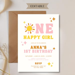 One Happy Girl Birthday Invitation, First Birthday Boho Invite, 1st Birthday Invitation Girl, Sun Invitation, Pastel Sunshine One Happy Girl