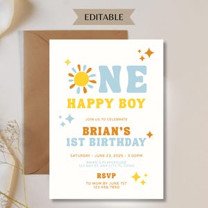 One Happy Boy Birthday Invitation, First Birthday Boho Invite, 1st Birthday Invitation Boy, Sun Invitation, Pastel Sunshine, One Happy Boy