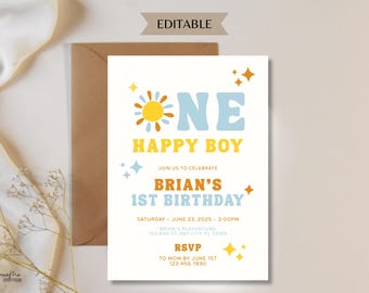 Ein glücklicher Junge-Geburtstags-Einladung, erster Geburtstag Boho einladen, 1. Geburtstags-Einladung Junge, Sonneneinladung, Pastell-Sonnenschein, ein glücklicher Junge