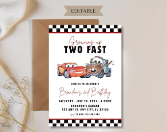 Cars Birthday Invitation, 2nd Birthday Invite, Two Fast Cars Theme Birthday, Editable Canva Template (Digital Download)