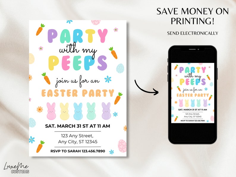 Party with my Peeps Easter Party Invitation Template, Electronic Easter Party Evite, Editable Invite, Easter Invite, Digital Download Evite image 2