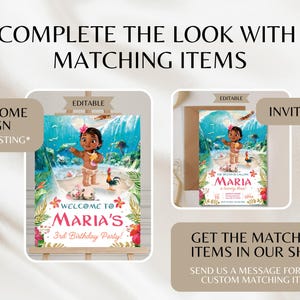 Pu&ograve; includere: Cartello di benvenuto modificabile con un personaggio dei cartoni animati di Oceania, uno sfondo tropicale e il testo "Benvenuti alla festa di compleanno di Maria's 3rd!"