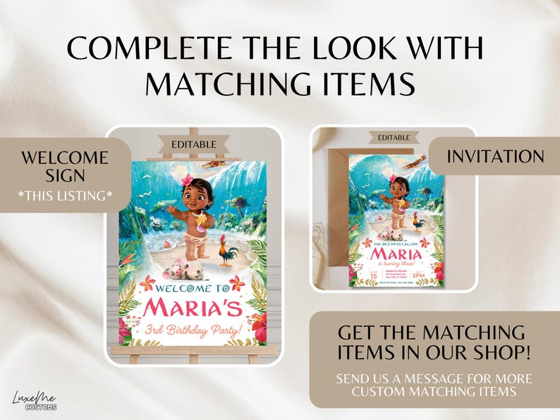 Pu&ograve; includere: Cartello di benvenuto modificabile con un personaggio dei cartoni animati di Oceania, uno sfondo tropicale e il testo "Benvenuti alla festa di compleanno di Maria's 3rd!"