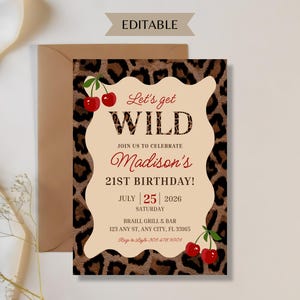 Leopard Print Birthday Invitation for 21st Birthday Girls Night Out Lets Get Wild Cherry & Animal Print Party Editable Canva template