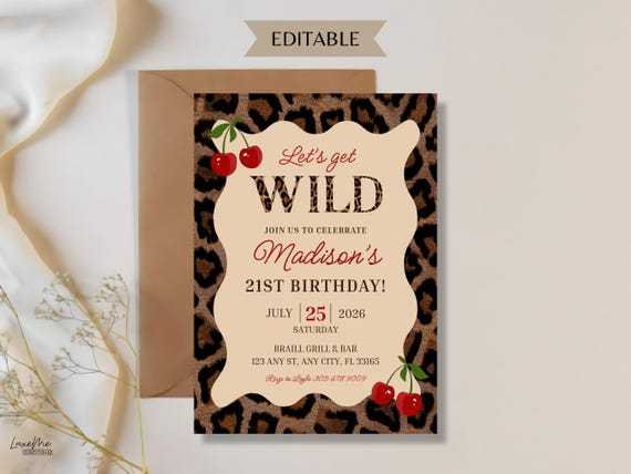 Leopard Print Birthday Invitation, 21st Birthday, Girls Night Out, Lets Get Wild Cherry & Animal Print Party Invite, Editable Canva template