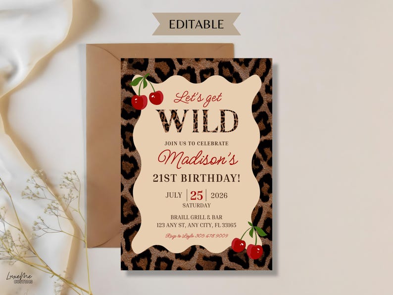 Leopard Print Birthday Invitation for 21st Birthday Girls Night Out Lets Get Wild Cherry & Animal Print Party Editable Canva template