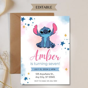 Stitch Watercolor Invitation Any Age Lilo Sitch Birthday Invite Editable Download Stitch Party Invitation, Digital Kids Party Invitation