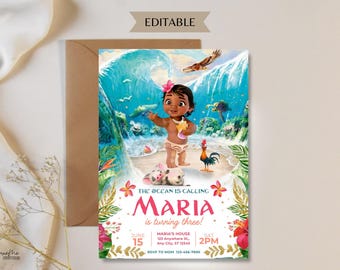 Invito di compleanno per Baby Moana, invito digitale modificabile per compleanno hawaiano Moana, invito per festa a tema per bambini, modello digitale per Baby Moana