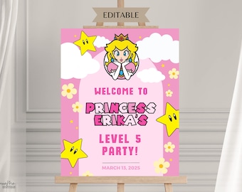 Cartello di benvenuto della Principessa Peach: festa a tema Super Mario, cartello per la festa della Principessa Peach (modello digitale)